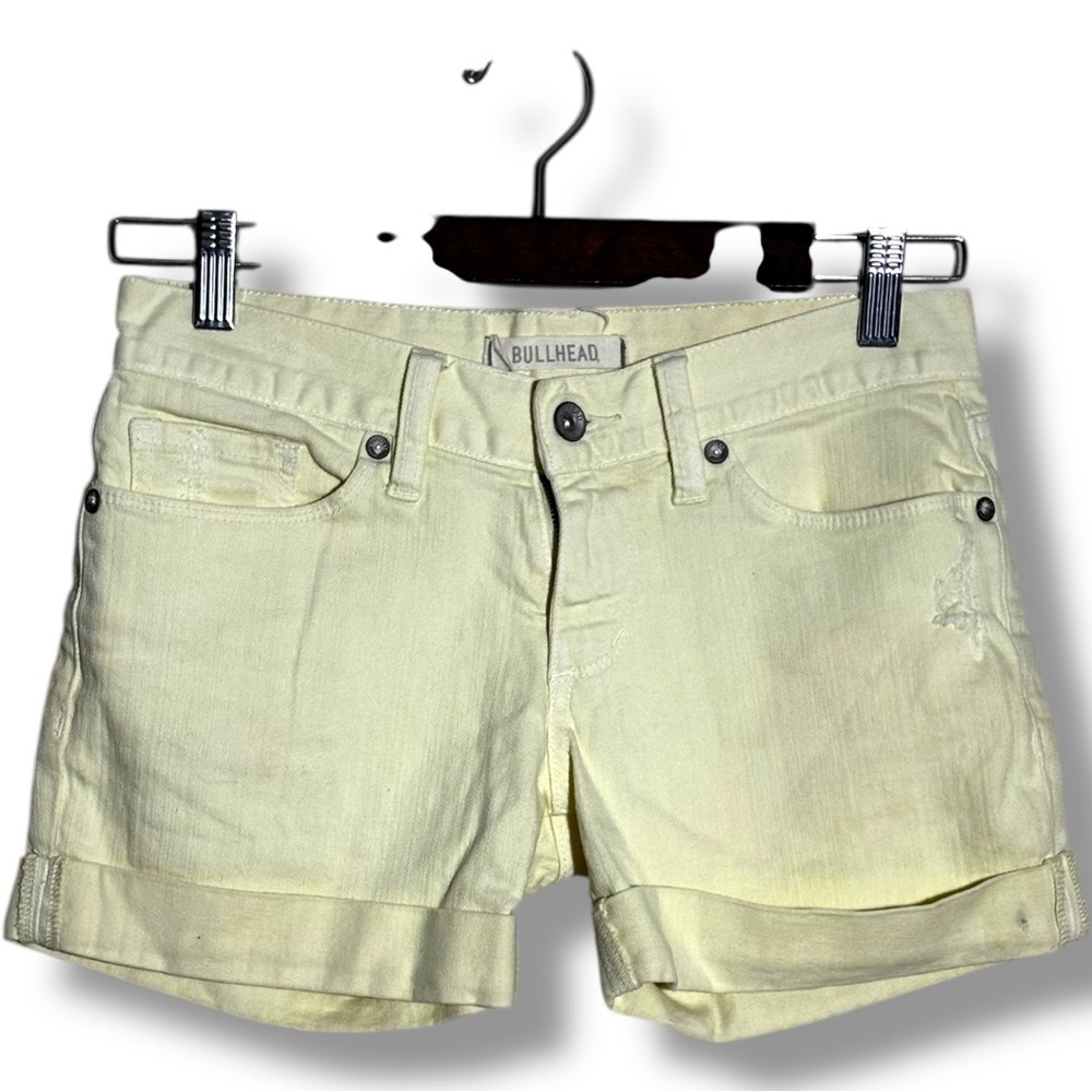 Bullhead Women's Pastel Yellow Denim Cotton Cuffed Micro Mini Shorts - Picture 3 of 12